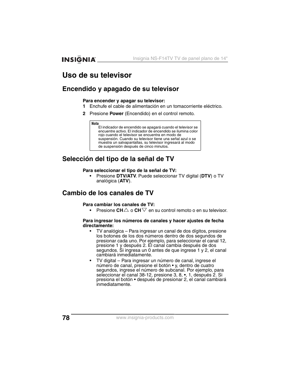 Uso de su televisor, Encendido y apagado de su televisor, Selección del tipo de la señal de tv | Cambio de los canales de tv | Insignia NS-F14TV User Manual | Page 78 / 94