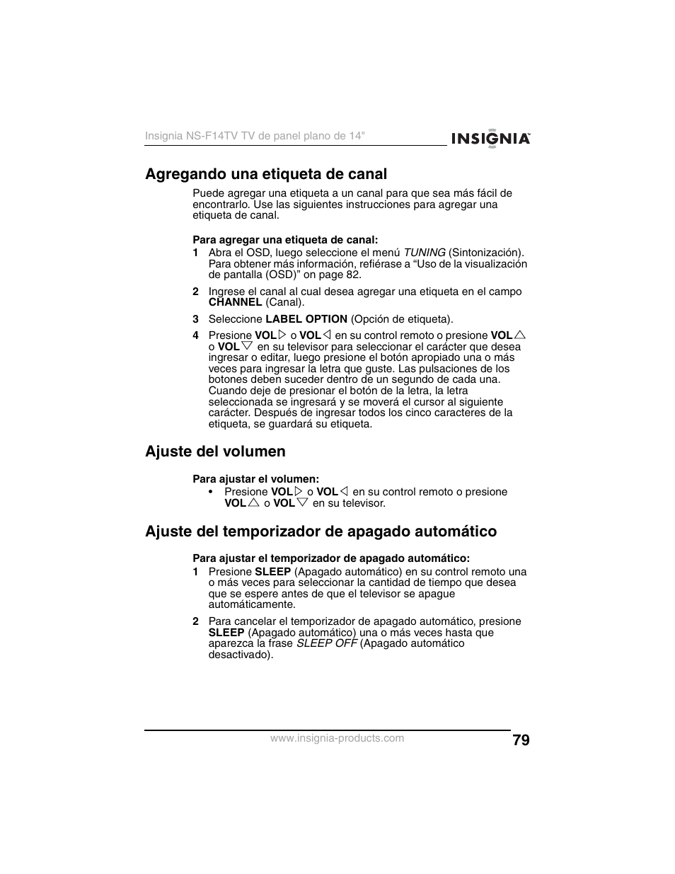 Agregando una etiqueta de canal, Ajuste del volumen, Ajuste del temporizador de apagado automático | Insignia NS-F14TV User Manual | Page 79 / 94