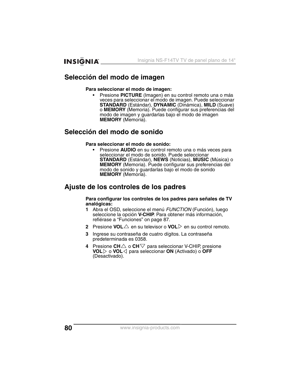 Selección del modo de imagen, Selección del modo de sonido, Ajuste de los controles de los padres | Insignia NS-F14TV User Manual | Page 80 / 94
