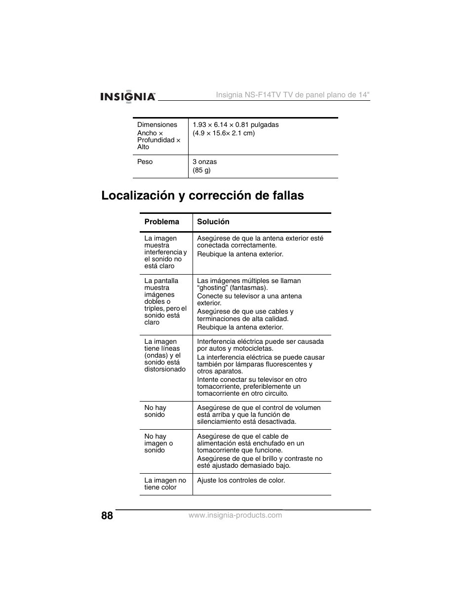 Localización y corrección de fallas | Insignia NS-F14TV User Manual | Page 88 / 94