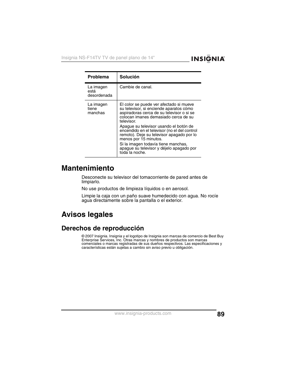 Mantenimiento, Avisos legales, Derechos de reproducción | Insignia NS-F14TV User Manual | Page 89 / 94