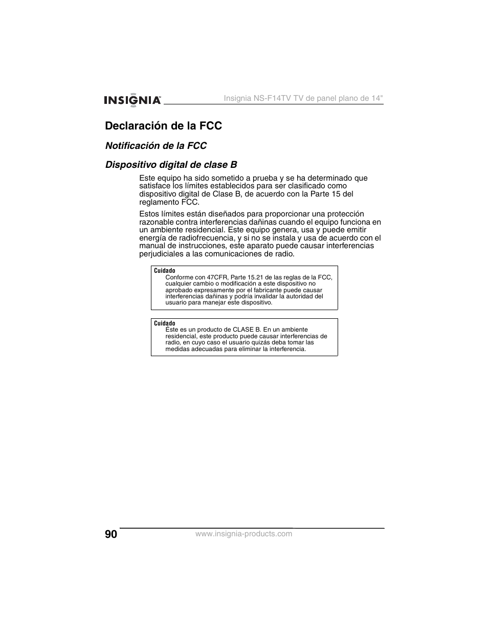 Declaración de la fcc | Insignia NS-F14TV User Manual | Page 90 / 94