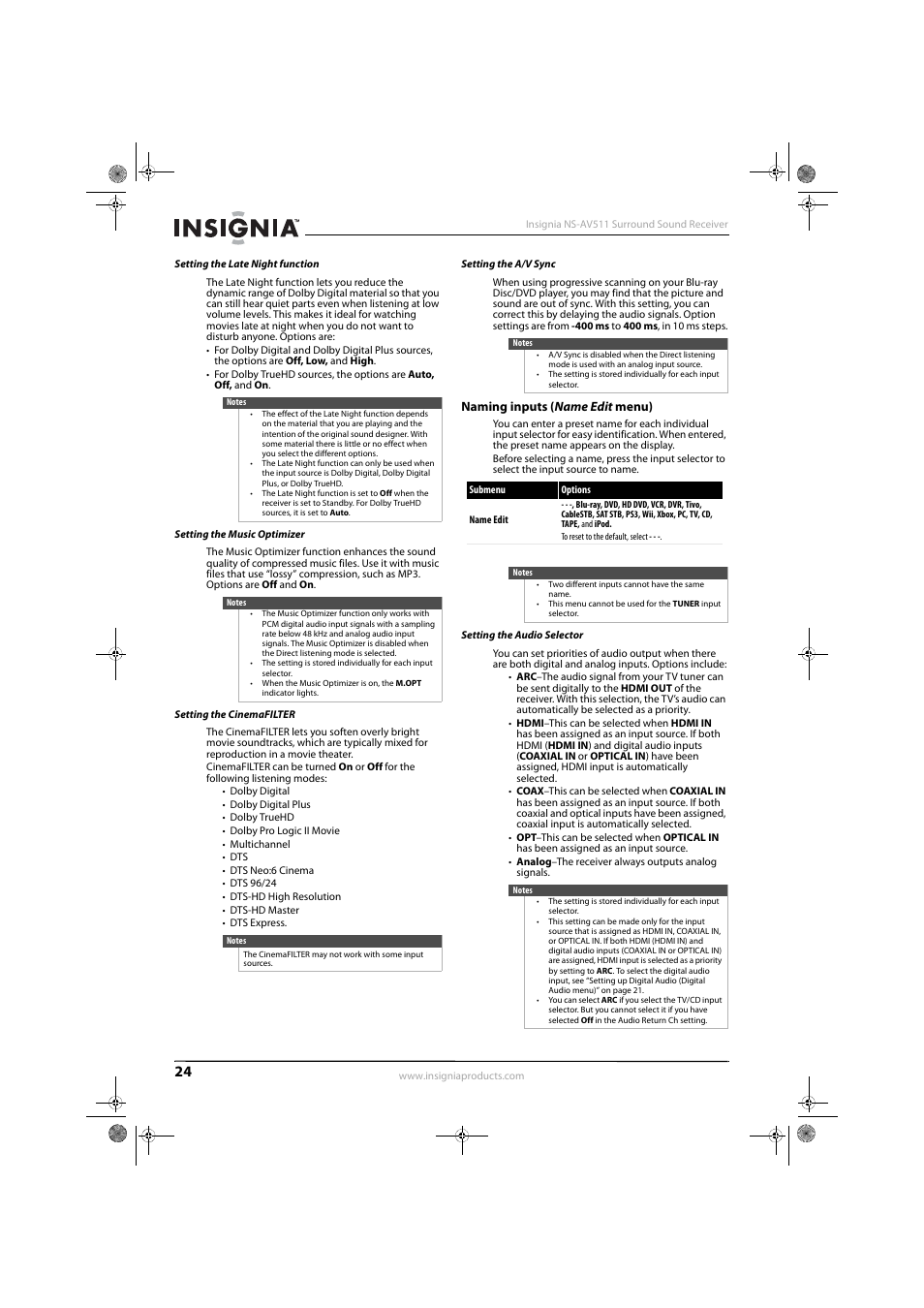 Setting the late night function, Setting the music optimizer, Setting the cinemafilter | Setting the a/v sync, Naming inputs (name edit menu), Setting the audio selector | Insignia NS-AV511 User Manual | Page 28 / 38