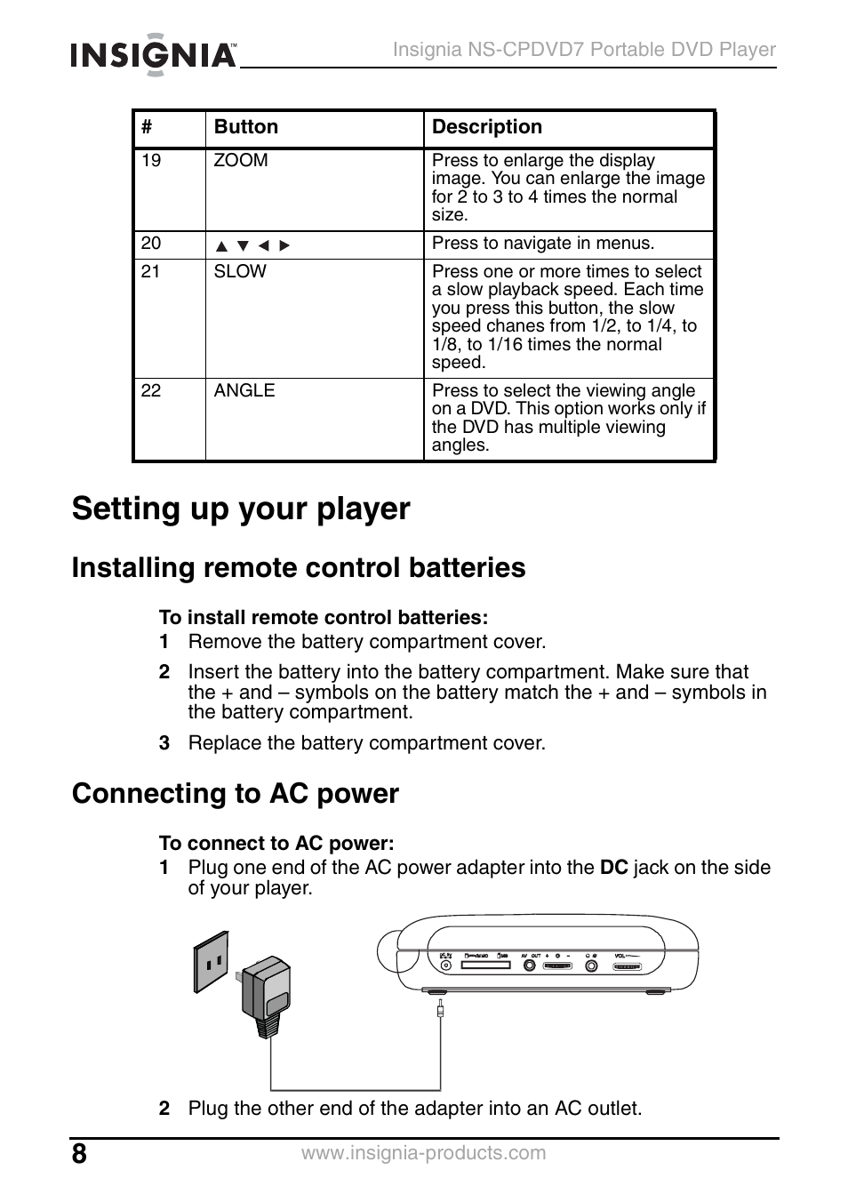 Setting up your player, Installing remote control batteries, Connecting to ac power | Insignia NS-CPDVD7 User Manual | Page 10 / 96