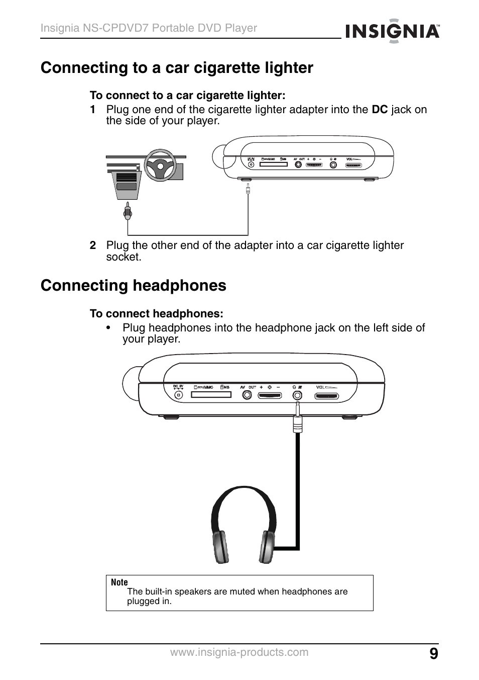 Connecting to a car cigarette lighter, Connecting headphones | Insignia NS-CPDVD7 User Manual | Page 11 / 96