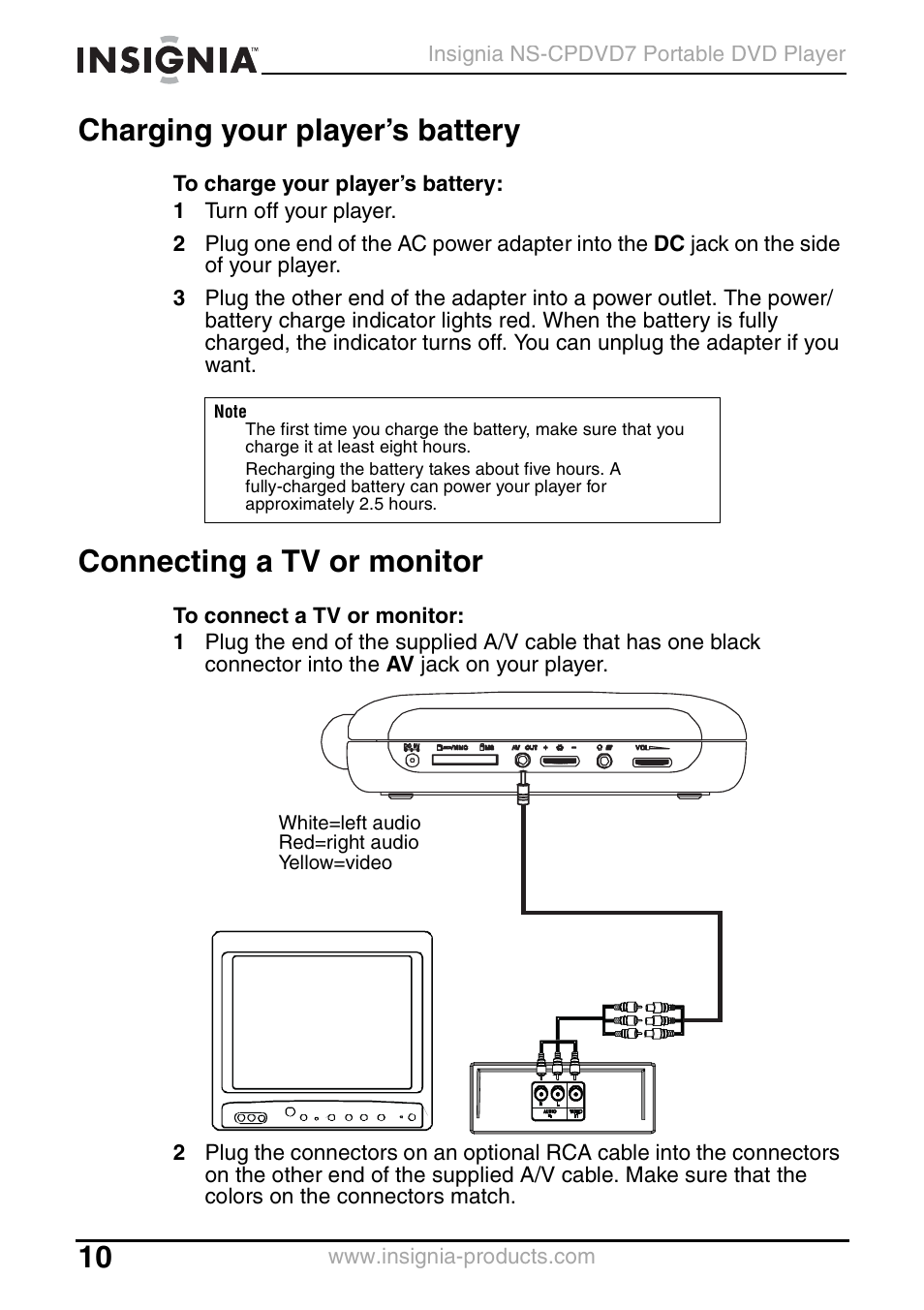 Charging your player’s battery, Connecting a tv or monitor | Insignia NS-CPDVD7 User Manual | Page 12 / 96