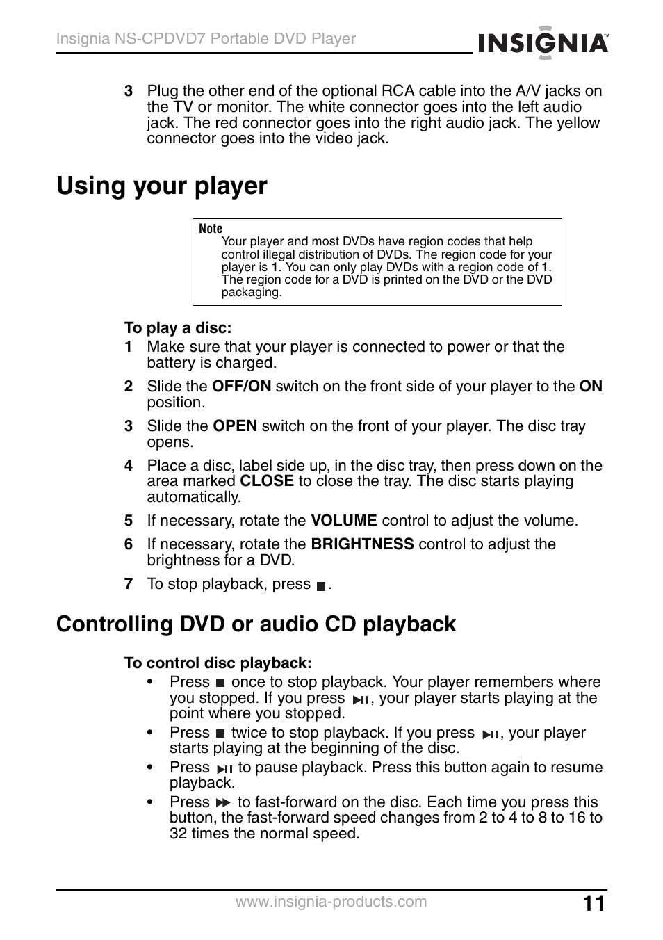 Using your player, Controlling dvd or audio cd playback | Insignia NS-CPDVD7 User Manual | Page 13 / 96
