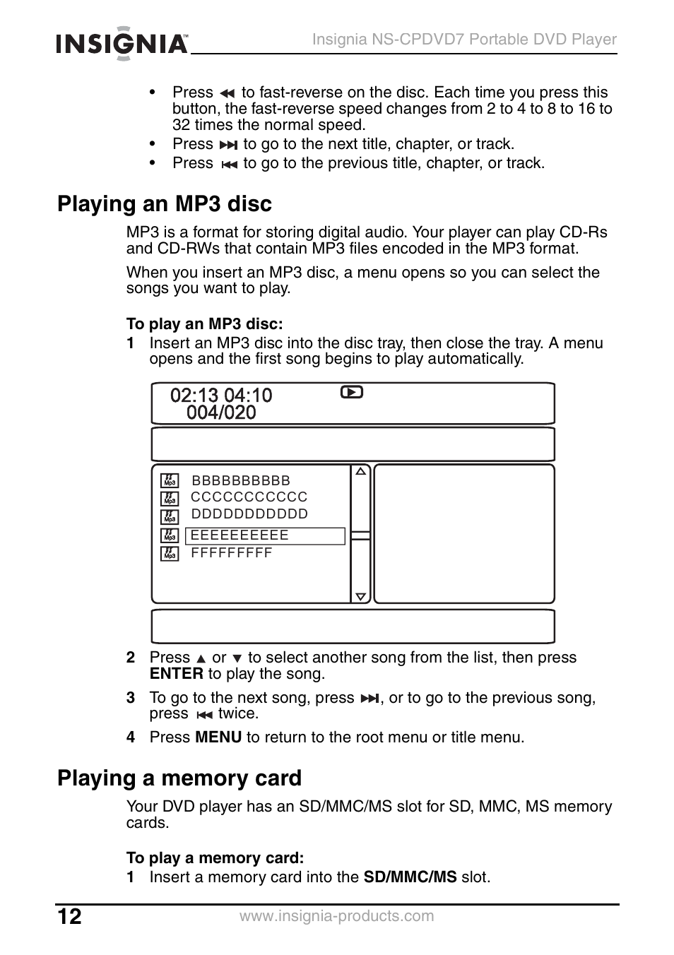Playing an mp3 disc, Playing a memory card | Insignia NS-CPDVD7 User Manual | Page 14 / 96