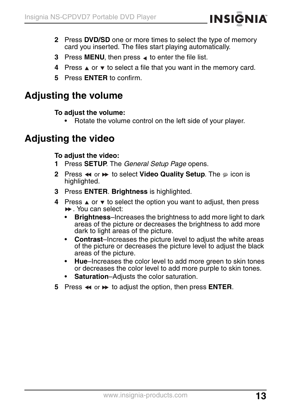 Adjusting the volume, Adjusting the video | Insignia NS-CPDVD7 User Manual | Page 15 / 96