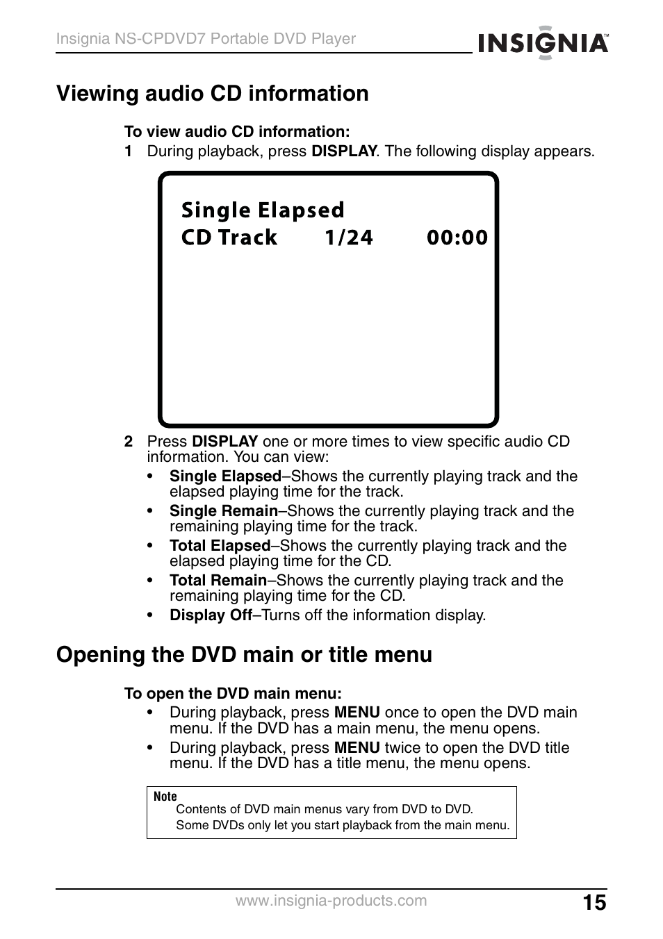 Viewing audio cd information, Opening the dvd main or title menu | Insignia NS-CPDVD7 User Manual | Page 17 / 96