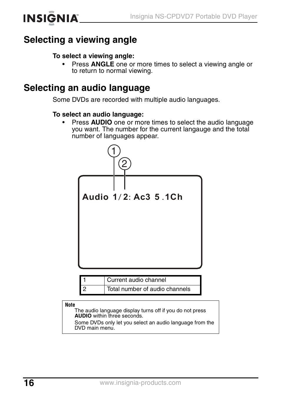 Selecting a viewing angle, Selecting an audio language | Insignia NS-CPDVD7 User Manual | Page 18 / 96