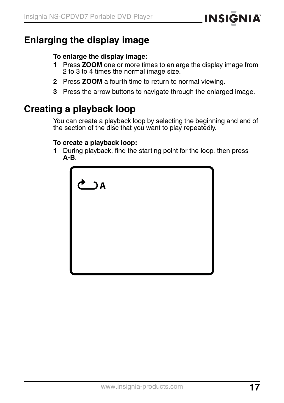Enlarging the display image, Creating a playback loop | Insignia NS-CPDVD7 User Manual | Page 19 / 96