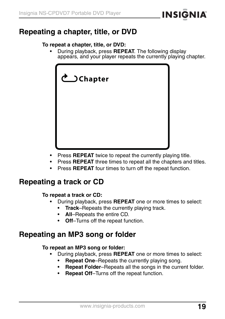 Repeating a chapter, title, or dvd, Repeating a track or cd, Repeating an mp3 song or folder | Chapter | Insignia NS-CPDVD7 User Manual | Page 21 / 96