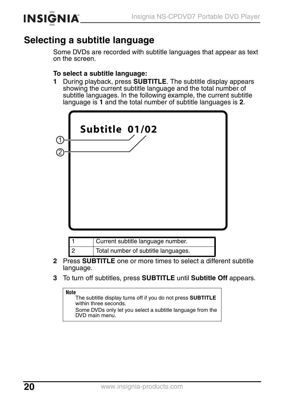 Selecting a subtitle language, Subtitle 01/02 | Insignia NS-CPDVD7 User Manual | Page 22 / 96