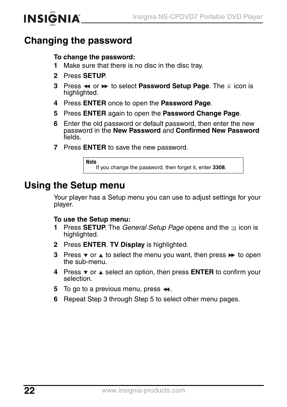 Changing the password, Using the setup menu | Insignia NS-CPDVD7 User Manual | Page 24 / 96