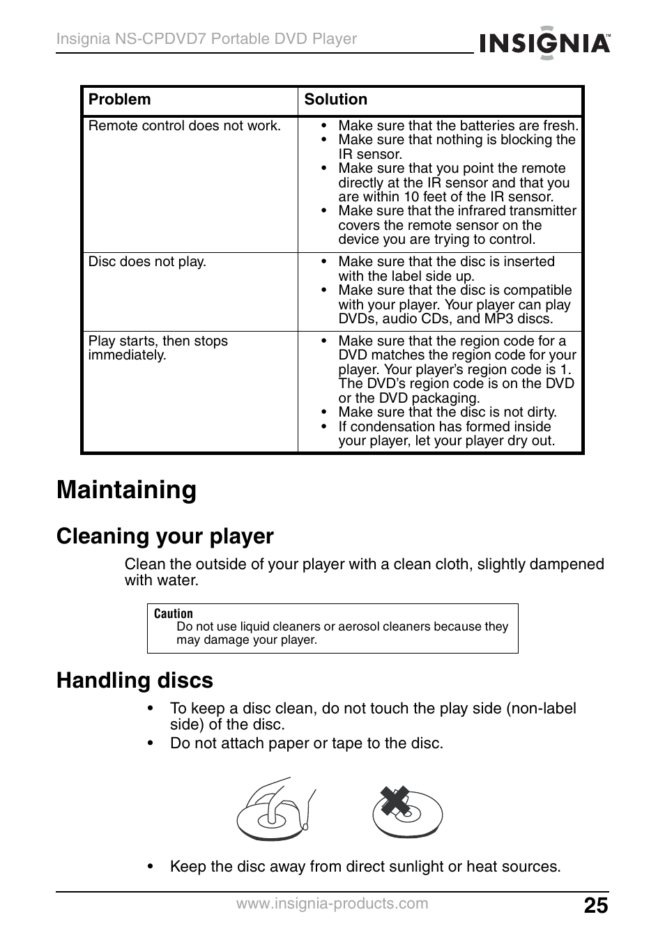 Maintaining, Cleaning your player, Handling discs | Insignia NS-CPDVD7 User Manual | Page 27 / 96