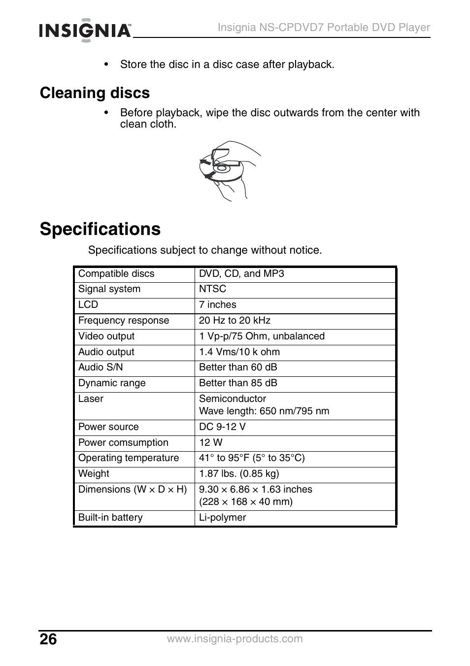Cleaning discs, Specifications | Insignia NS-CPDVD7 User Manual | Page 28 / 96