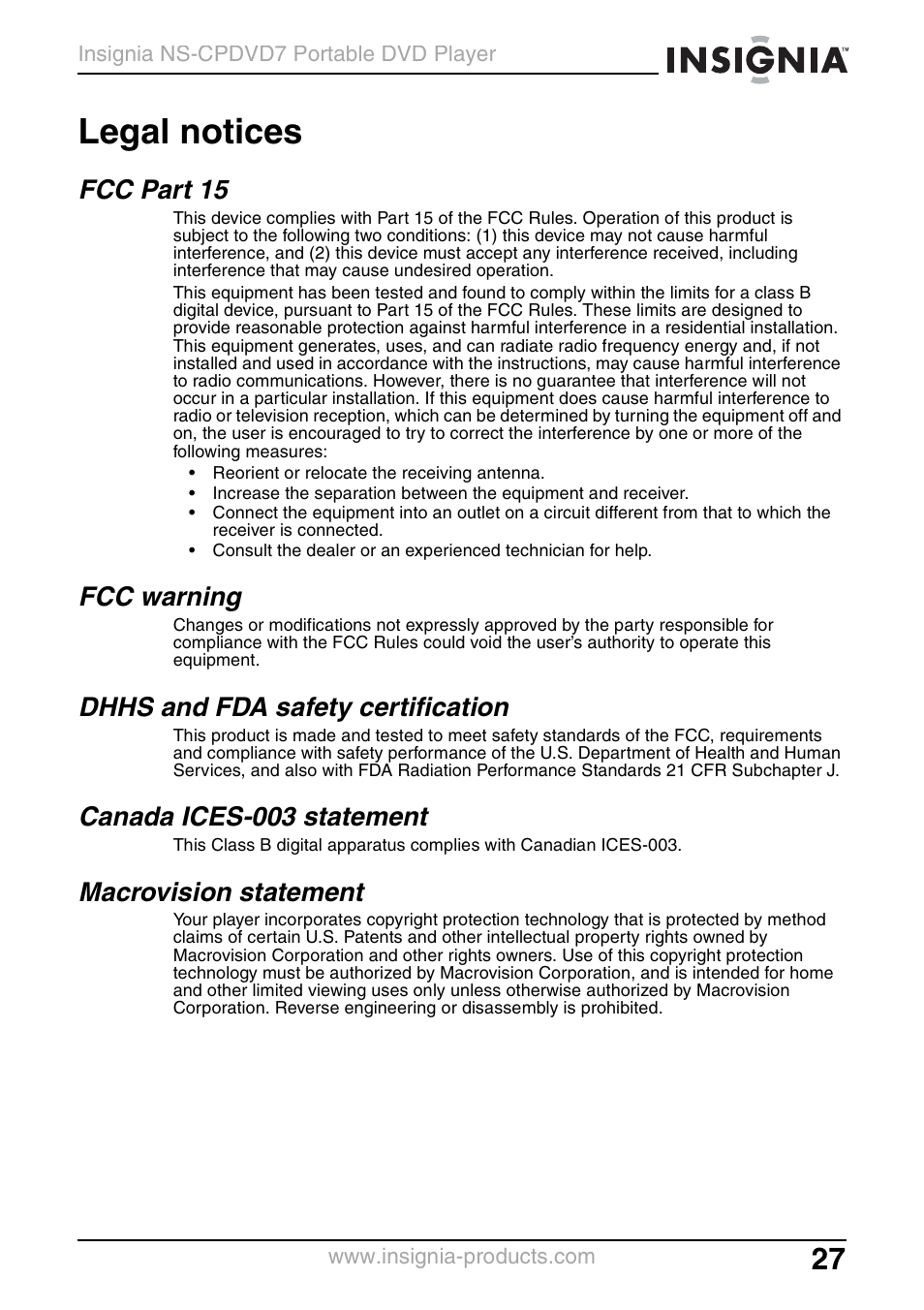 Legal notices, Fcc part 15, Fcc warning | Dhhs and fda safety certification, Canada ices-003 statement, Macrovision statement | Insignia NS-CPDVD7 User Manual | Page 29 / 96