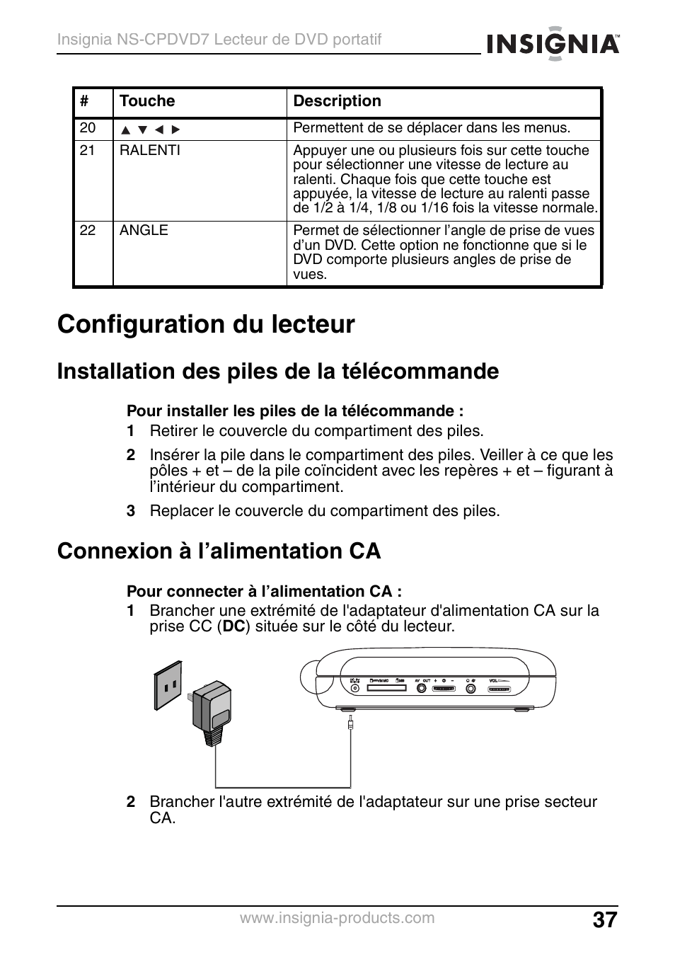 Configuration du lecteur, Installation des piles de la télécommande, Connexion à l’alimentation ca | Insignia NS-CPDVD7 User Manual | Page 39 / 96