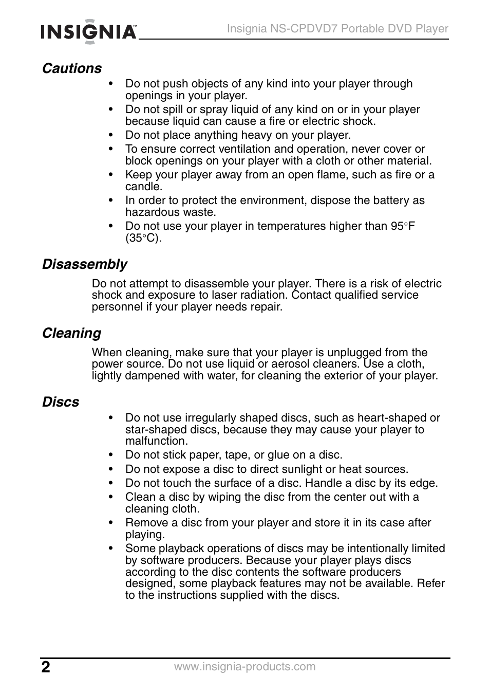 Cautions, Disassembly, Cleaning | Discs | Insignia NS-CPDVD7 User Manual | Page 4 / 96