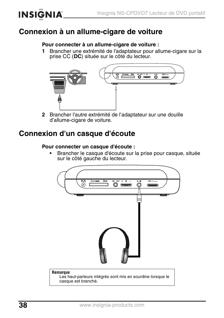 Connexion à un allume-cigare de voiture, Connexion d'un casque d'écoute | Insignia NS-CPDVD7 User Manual | Page 40 / 96