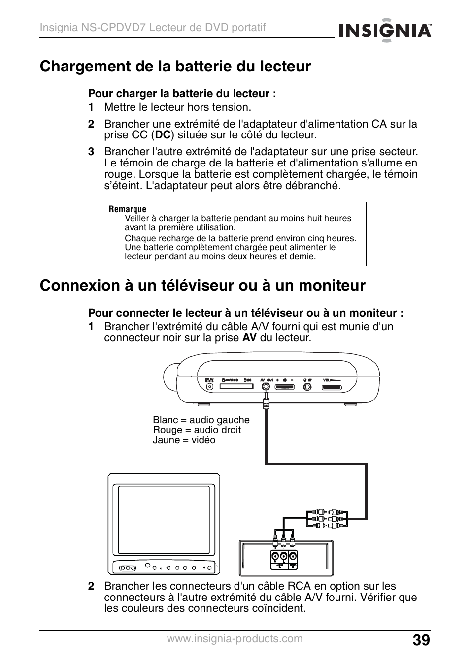 Chargement de la batterie du lecteur, Connexion à un téléviseur ou à un moniteur | Insignia NS-CPDVD7 User Manual | Page 41 / 96