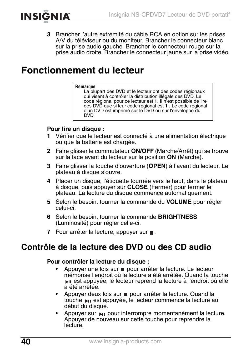 Fonctionnement du lecteur, Contrôle de la lecture des dvd ou des cd audio | Insignia NS-CPDVD7 User Manual | Page 42 / 96