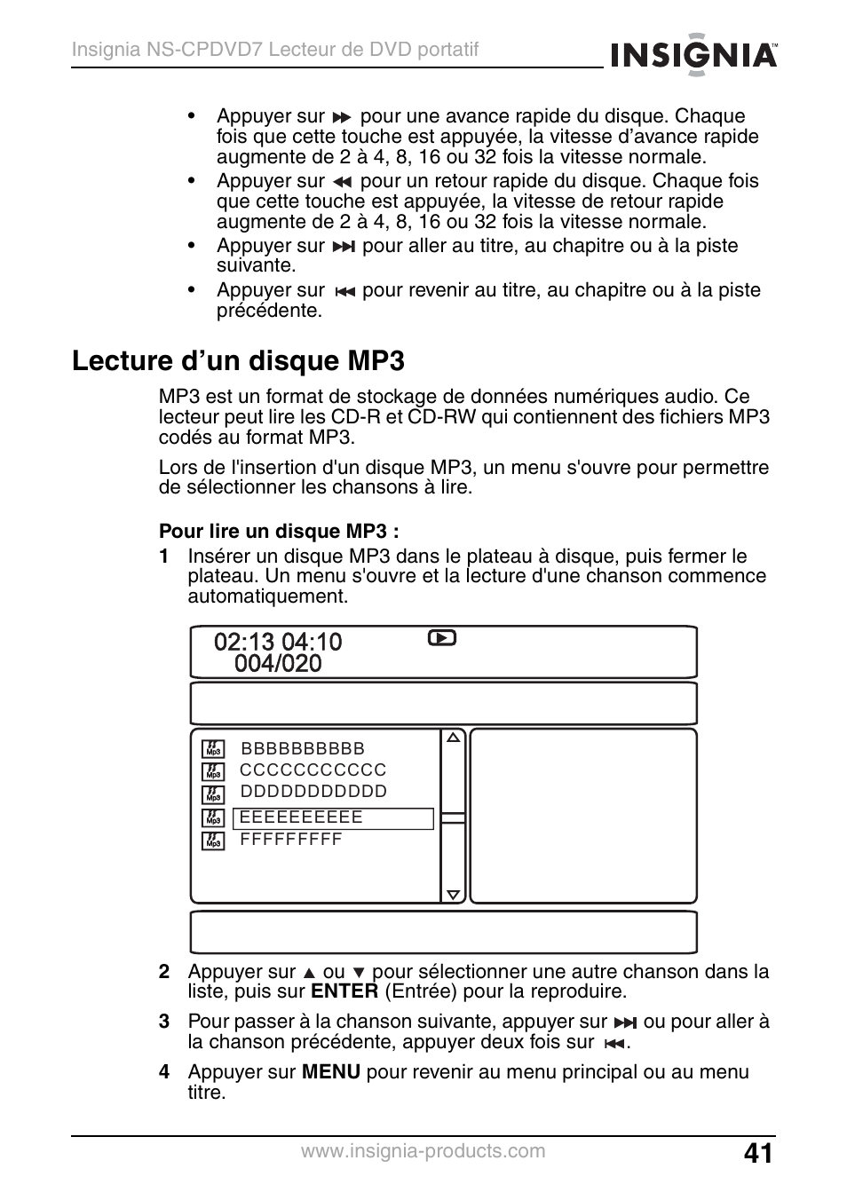 Lecture d’un disque mp3 | Insignia NS-CPDVD7 User Manual | Page 43 / 96
