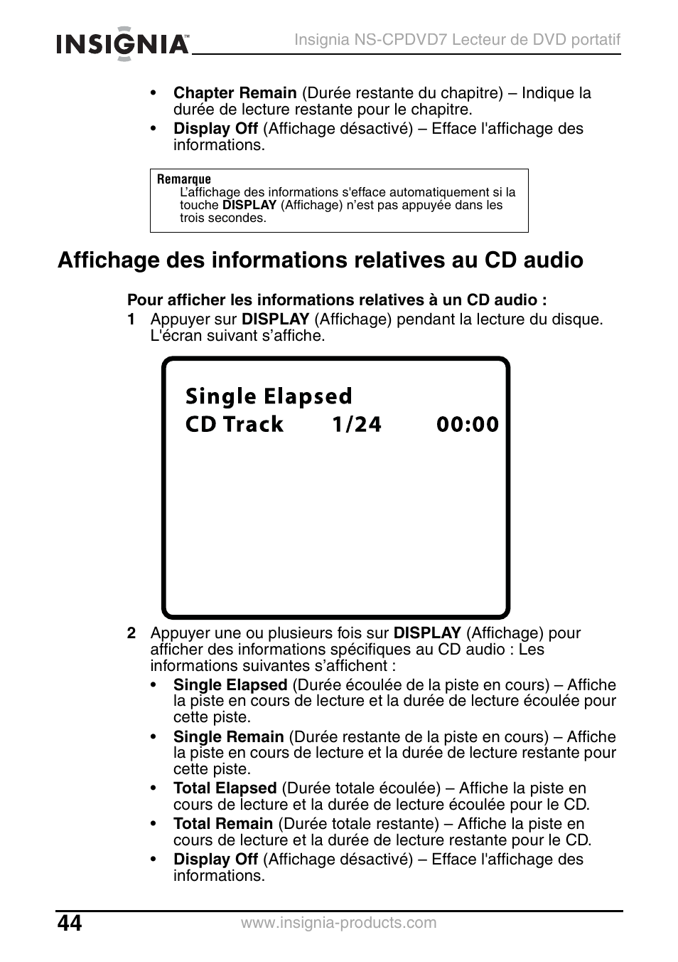 Affichage des informations relatives au cd audio | Insignia NS-CPDVD7 User Manual | Page 46 / 96