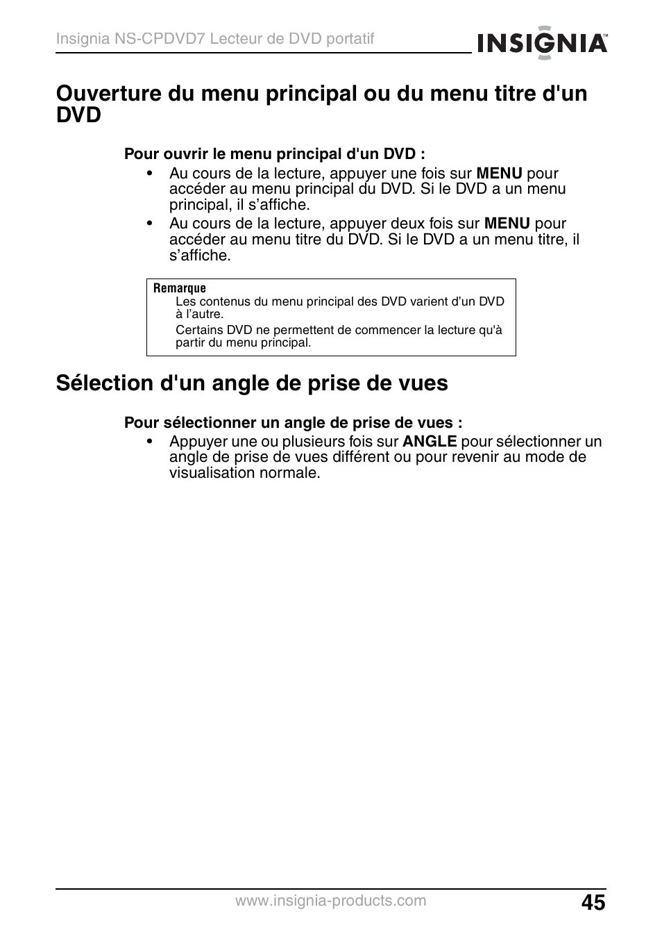 Sélection d'un angle de prise de vues | Insignia NS-CPDVD7 User Manual | Page 47 / 96
