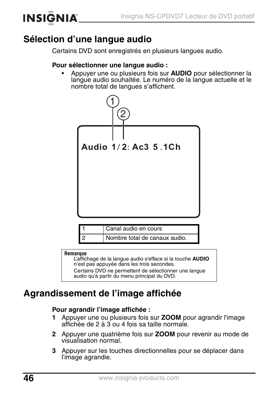 Sélection d’une langue audio, Agrandissement de l’image affichée | Insignia NS-CPDVD7 User Manual | Page 48 / 96