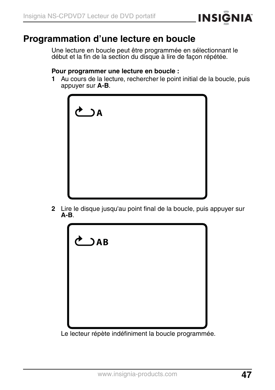 Programmation d’une lecture en boucle | Insignia NS-CPDVD7 User Manual | Page 49 / 96