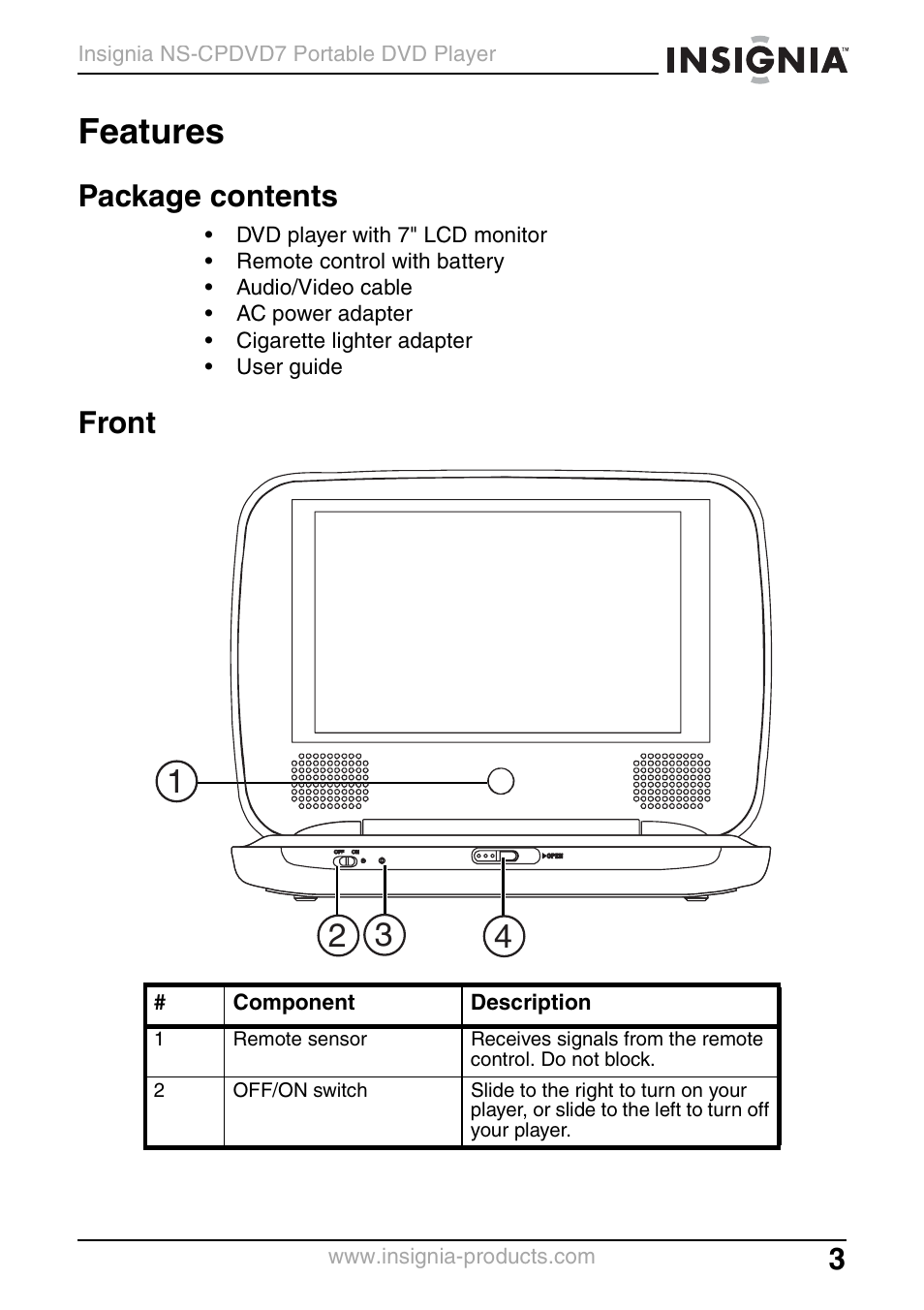 Features, Package contents, Front | Insignia NS-CPDVD7 User Manual | Page 5 / 96