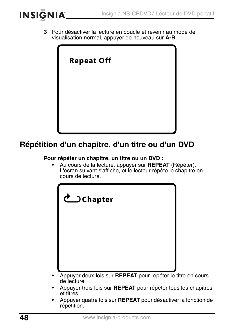 Répétition d'un chapitre, d'un titre ou d'un dvd, Repeat off chapter | Insignia NS-CPDVD7 User Manual | Page 50 / 96