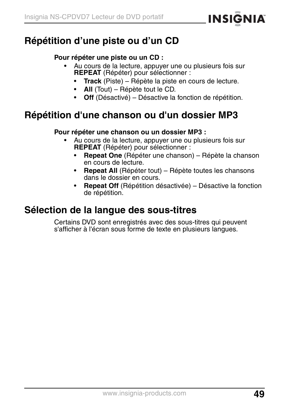 Répétition d’une piste ou d’un cd, Répétition d'une chanson ou d'un dossier mp3, Sélection de la langue des sous-titres | Insignia NS-CPDVD7 User Manual | Page 51 / 96