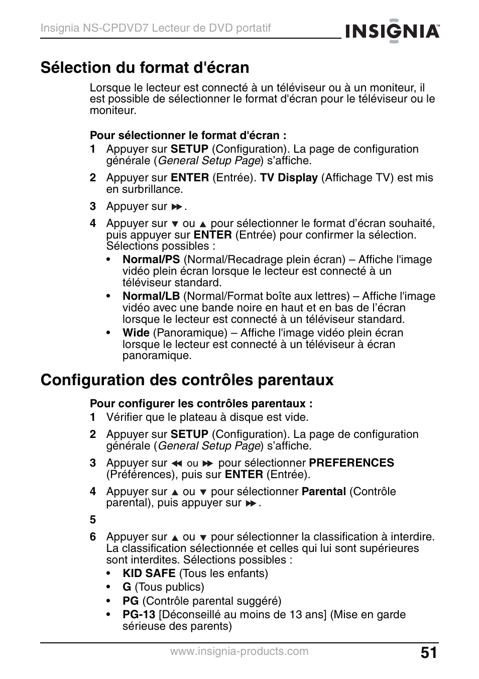 Sélection du format d'écran, Configuration des contrôles parentaux | Insignia NS-CPDVD7 User Manual | Page 53 / 96