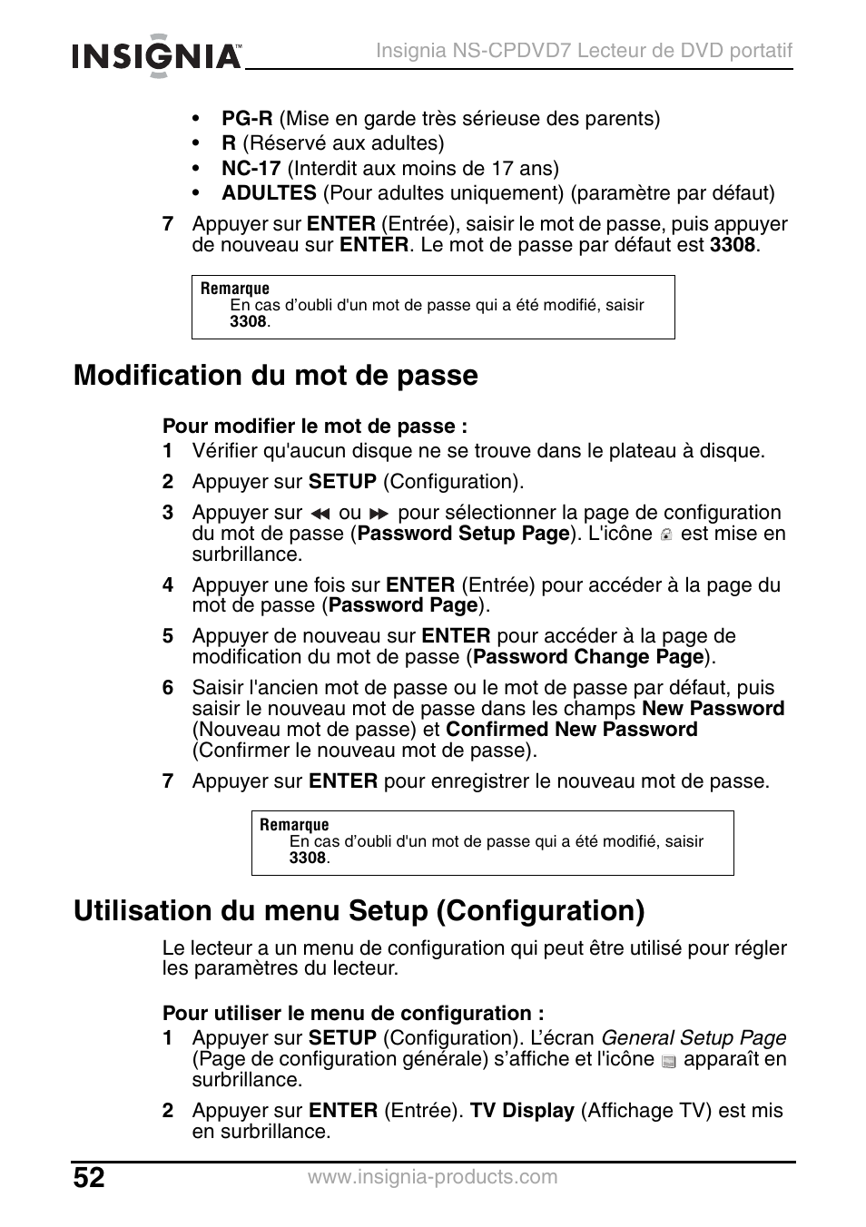 Modification du mot de passe, Utilisation du menu setup (configuration) | Insignia NS-CPDVD7 User Manual | Page 54 / 96