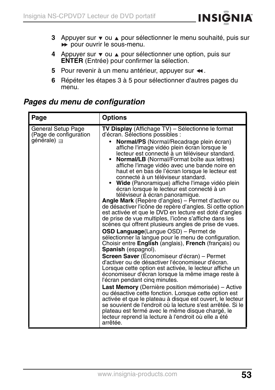 Pages du menu de configuration | Insignia NS-CPDVD7 User Manual | Page 55 / 96