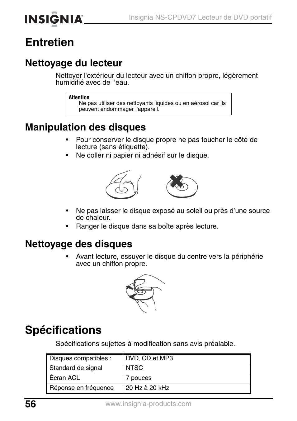 Entretien, Nettoyage du lecteur, Manipulation des disques | Nettoyage des disques, Spécifications, Entretien spécifications | Insignia NS-CPDVD7 User Manual | Page 58 / 96