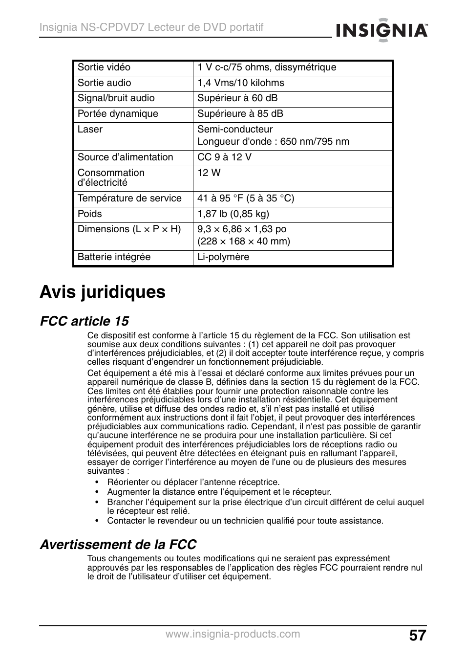 Avis juridiques, Fcc article 15, Avertissement de la fcc | Insignia NS-CPDVD7 User Manual | Page 59 / 96