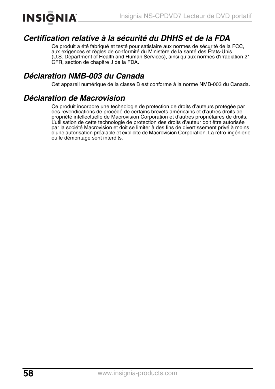 Déclaration nmb-003 du canada, Déclaration de macrovision | Insignia NS-CPDVD7 User Manual | Page 60 / 96