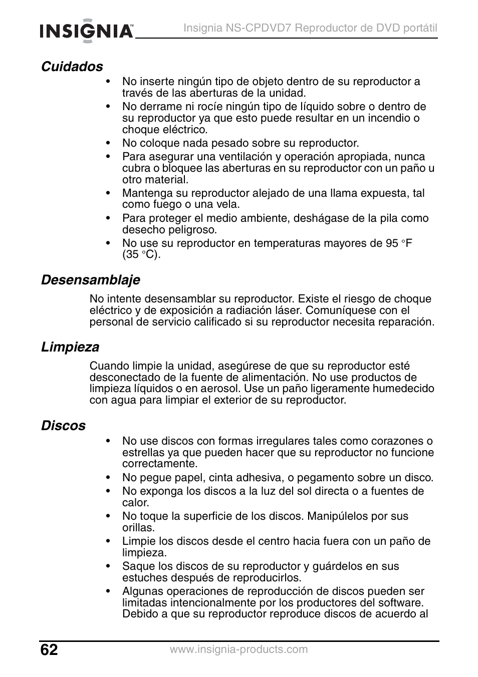 Cuidados, Desensamblaje, Limpieza | Discos | Insignia NS-CPDVD7 User Manual | Page 64 / 96