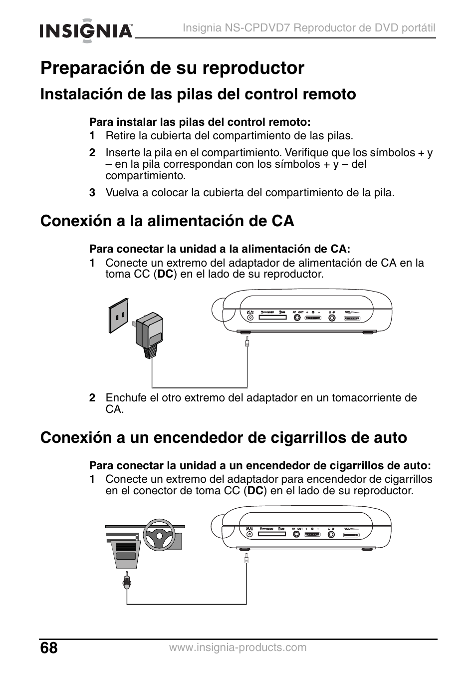 Preparación de su reproductor, Instalación de las pilas del control remoto, Conexión a la alimentación de ca | Conexión a un encendedor de cigarrillos de auto | Insignia NS-CPDVD7 User Manual | Page 70 / 96