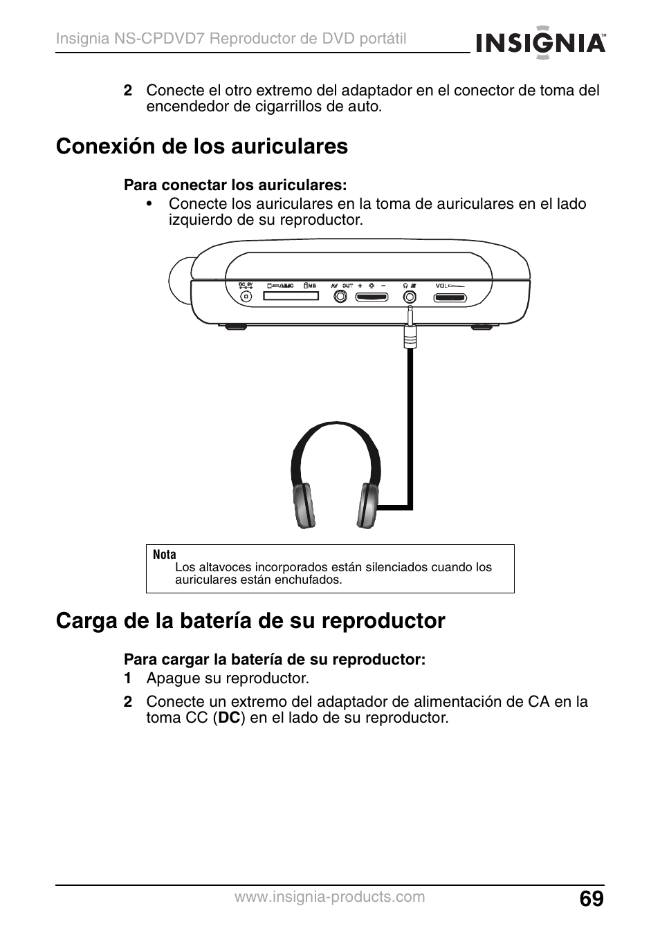 Conexión de los auriculares, Carga de la batería de su reproductor | Insignia NS-CPDVD7 User Manual | Page 71 / 96