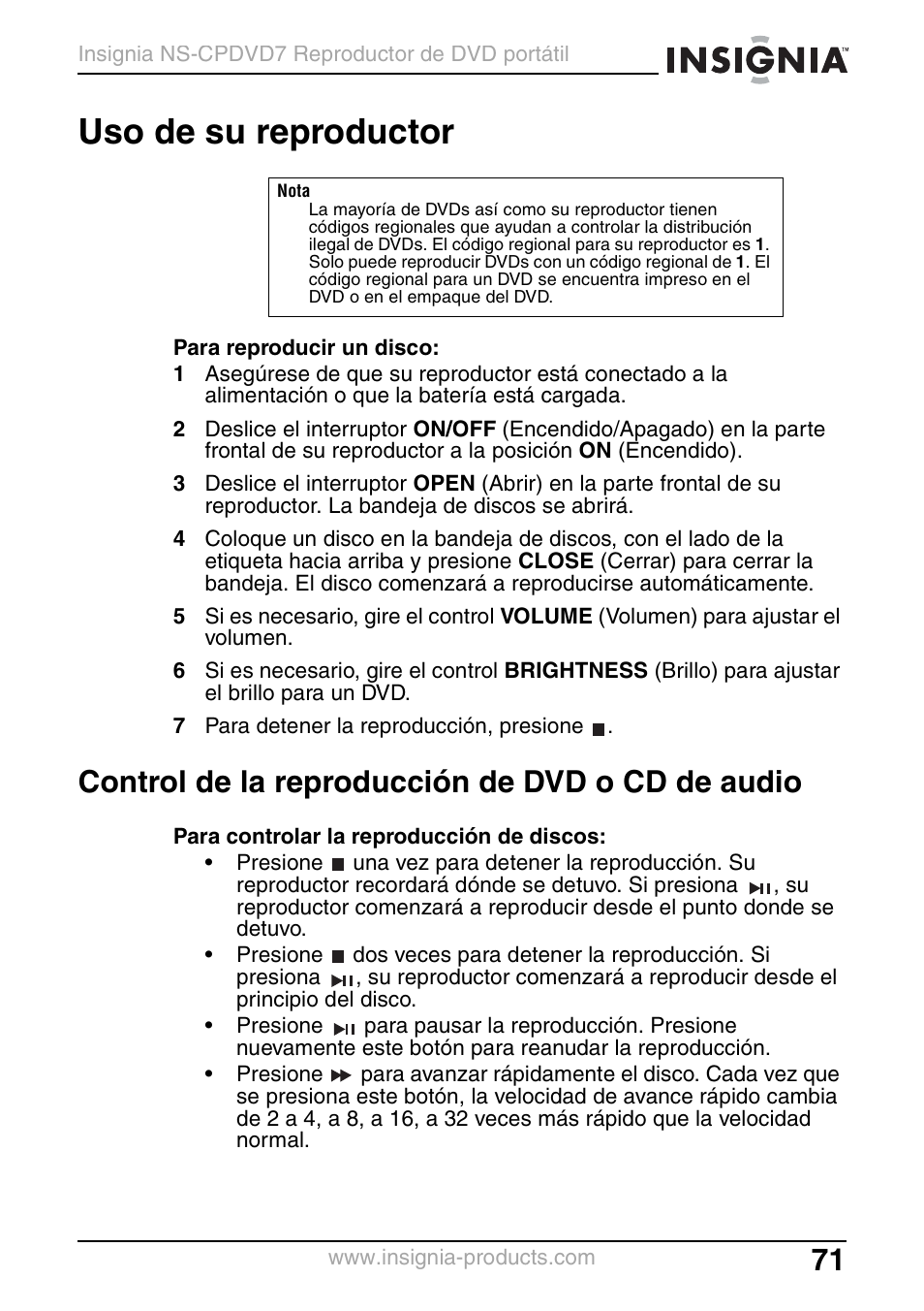 Uso de su reproductor, Control de la reproducción de dvd o cd de audio | Insignia NS-CPDVD7 User Manual | Page 73 / 96