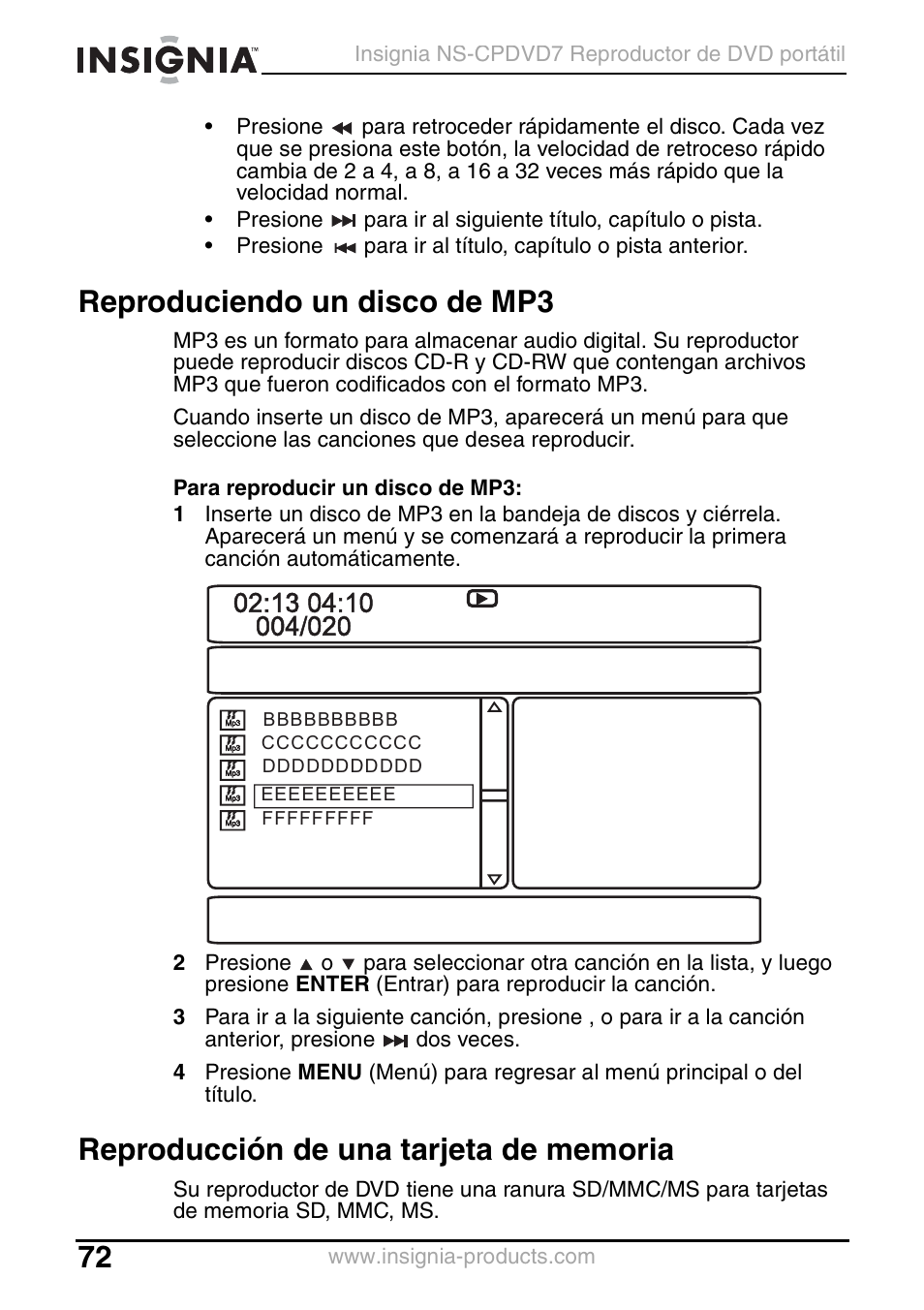 Reproduciendo un disco de mp3, Reproducción de una tarjeta de memoria | Insignia NS-CPDVD7 User Manual | Page 74 / 96