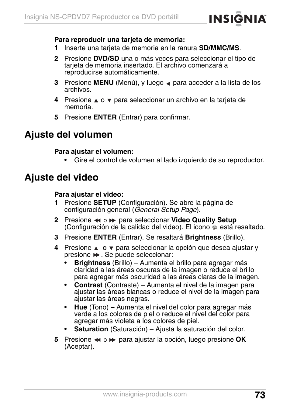 Ajuste del volumen, Ajuste del video | Insignia NS-CPDVD7 User Manual | Page 75 / 96