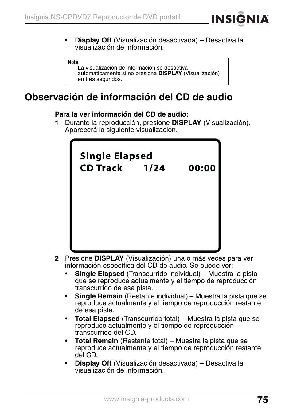 Observación de información del cd de audio | Insignia NS-CPDVD7 User Manual | Page 77 / 96
