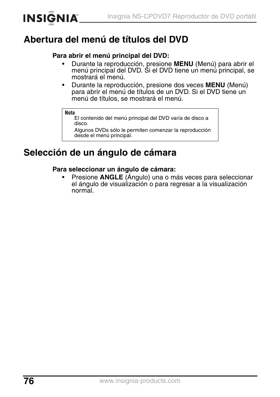Abertura del menú de títulos del dvd, Selección de un ángulo de cámara | Insignia NS-CPDVD7 User Manual | Page 78 / 96