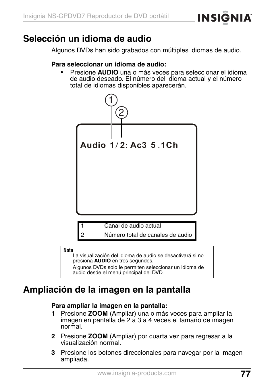 Selección un idioma de audio, Ampliación de la imagen en la pantalla | Insignia NS-CPDVD7 User Manual | Page 79 / 96